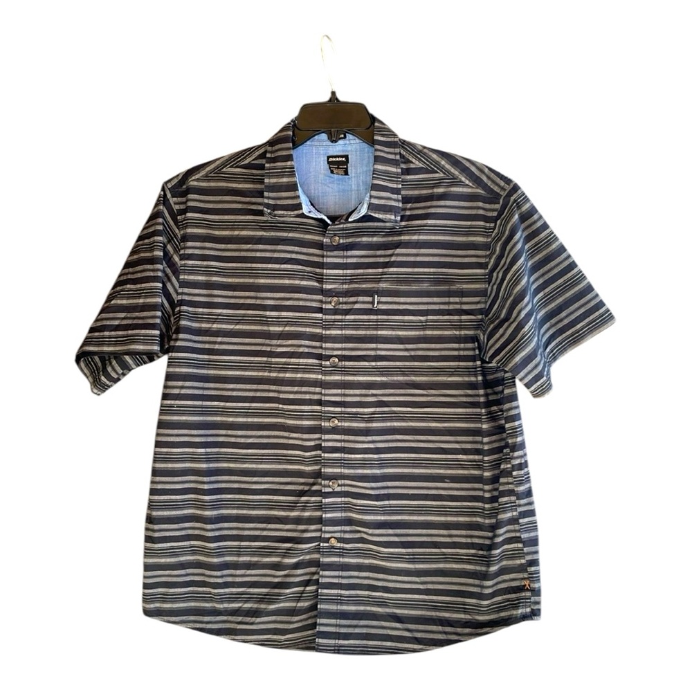 Dickies Modern Fit Black and Grey Striped Button Down Short Sleeve Shirt
